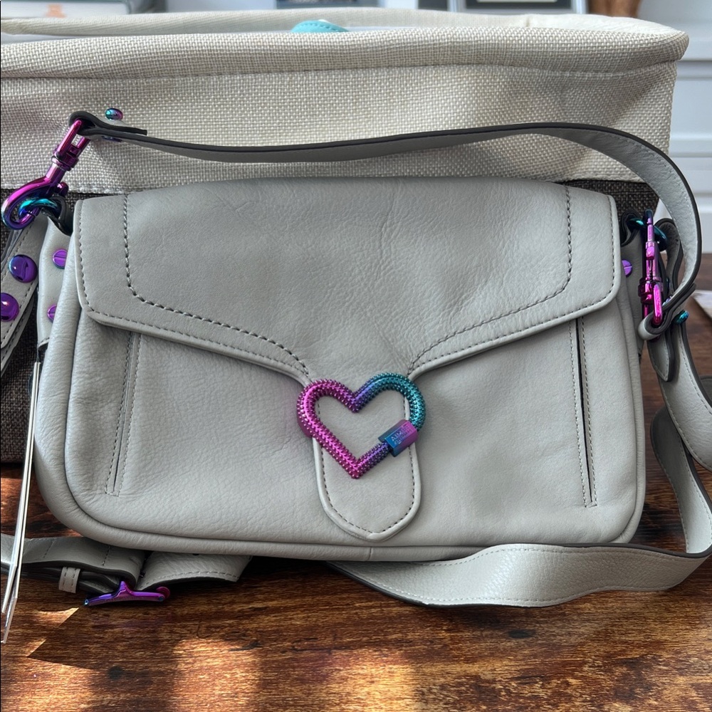 Aimee Kestenberg Gray Leather Crossbody Bag with Iridescent Heart Accent NWT